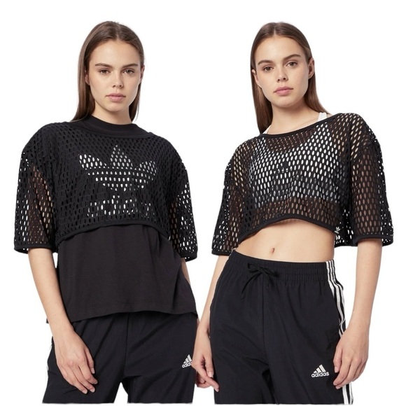 adidas Tops - Adidas Big Logo Sleeveless Shirt Mesh Crop T-shirt Duo Black Women’s Medium